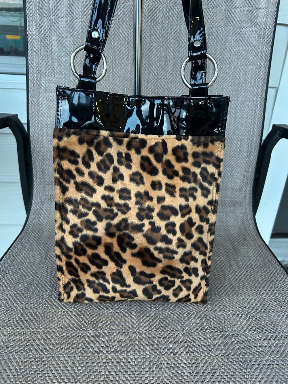 Vintage Leopard Print Faux Fur Shoulder Tote Bag with Black Patent Trim